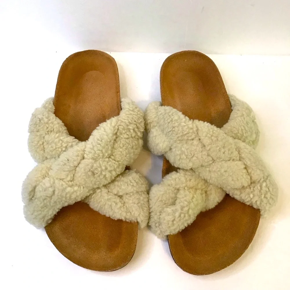 Johanna Ortiz Cream Sherpa Braided Crisscross Slide Cork Sole Sandals 37 - Picture 3 of 6